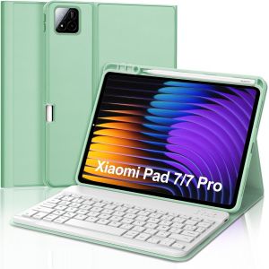 Coque Clavier pour Xiaomi Pad 7/7 Pro 11.2"" 2025, AZERTY Fran&ccedil;ais Housse Clavier Bluetooth Magn&eacute;tique D&eacute;tachable avec Porte Crayon pour Tablette Xiaomi Pad 7/7 Pro 2025 11.2 Pouces, Vert Clair - Neuf