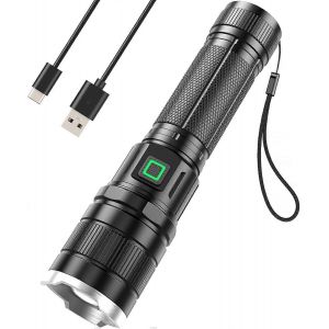 Lampe torche LED rechargeable, 6000 lumens, ultra-lumineuse, aliment&eacute;e par batterie, avec 3 modes d'&eacute;clairage, zoomable, &eacute;tanche IP65 - Neuf