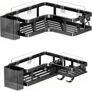 2 &Eacute;tag&egrave;re de Douche Angle Sans Per&ccedil;age, Organisateur Salle de Bain Adh&eacute;sif en Acier Inoxydable avec 4 Crochets & 2 Porte-Dentifrices, Noir - Porte-Shampoing Stable pour Coin de Douche - Neuf