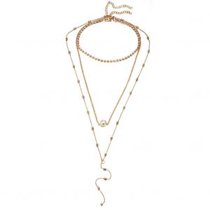 Collier A Trois Rangs Avec Pendentif En Perles Synthetiques Pour Femme Et Fille, Bijou Delicat (Or) - Neuf