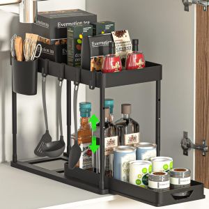 Eryi-Organisateur Sous Evier Cuisine Rangement Sous Evier 2 Étages, Avec 4 Crochets, 8 Coussinets Antidérapants Et 1 Gobelet Suspendu, Organisateur Tiroir Cuisine (Noir) - Neuf