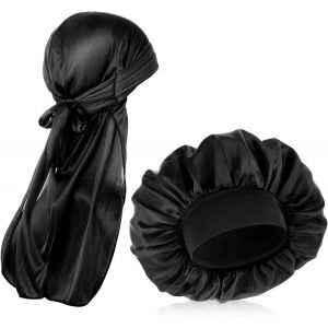 Jexnovashop-Durag Lot De 2 Bonnets &Eacute;lastiques En Soie Pour Homme - Longue Queue - Neuf