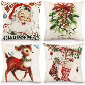 Ensemble De 4 No&euml;l Oreiller Couvre 18 X 18 Pouces Vintage Ferme De No&euml;l De Lancer Taie D'oreiller D&eacute;corations De Draps En Coton Coussin De Cas Pour La D&eacute;coration De La Maison - Neuf