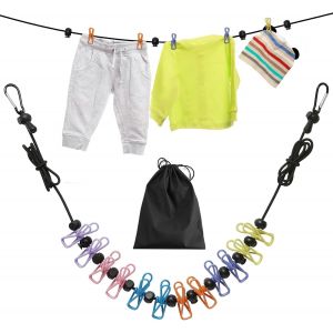 KALANKA-Corde &agrave; linge de voyage, portable, r&eacute;glable, &eacute;lastique, r&eacute;tractable, avec 12 pinces &agrave; linge pour int&eacute;rieur et ext&eacute;rieur, balcon, camping en plein air - Neuf