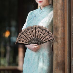 Éventail Pliant En Dentelle Avec Broderie De Fleurs, Charnière Solide, Transparent, Style Vintage Chinois, Ventilateur D'appariement Qipao, Accessoire De Danse Classique, Décoration De Fête, Cadeau-Noir - Neuf