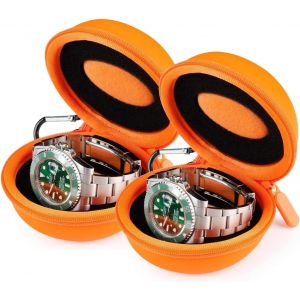 Nbgcm-Boîte Montre Voyage,Montre Fermeture À Glissière Étui,Avec Mousqueton Et Éponge,Portable Montre Ronde Boîte De Rangement,Convient À Toutes Les Montres Inférieures À 50 Mm (Orange-2 Pièces) - Neuf