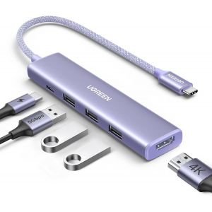 JGD-Hub USB C HDMI 4K 100W PD Charge 3 Data Ports 5 en 1 Adaptateur Multiport Compatible avec iPhone 16 15 Série MacBook Pro Mac Mini M4 2024 iPad Air Surface Galaxy S24 Tab S9 Ultra (Violet) - Neuf