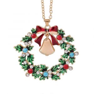 Collier Couronne De No&euml;l En Strass Pour Femme, Bijou Cadeau Orn&eacute; D'un N?ud Papillon En Cristal Rouge Et Fleurs Vertes. - Neuf