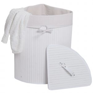 Panier &agrave; linge dangle HWC-C21, bo&icirc;te &agrave; linge en bamboublanc, 61x48x35 cm - Neuf