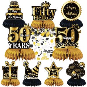 Decoration Table Anniversaire 50 Ans, Centres de Table Nid d'abeille Confettis, Or Noir Cellulaire Fournitures de F&iquest;&ordm;te 50 Anniversaire Happy Birthday Accessoires Deco Table Anniversaire D&iquest;&iquest;corations - Neuf