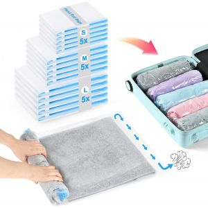 lbgwp60-Sac Compression Voyage 15 Pièces, Sacs Sous Vide Voyage, 5 Grand(50 X 70Cm) + 5 Moyen(40 X 60Cm) + 5 Petit(35 X 50Cm), Sac De Rangement Housse Vetement Voyage Pour Randonnée - Neuf