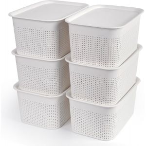 Jexnovashop-Boites De Rangement Blanches Lot De 6 - Panier Rangement Avec Couvercle Pour Salle De Classe, Fournitures De Bureau, Accessoires - Bacs Empilables Pour Placards, Salle De Bain - Neuf