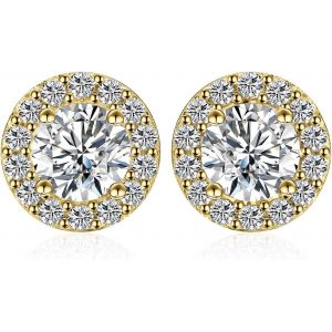 Kal-Ct Halo Boucles D'oreilles Taille Rond Solitaire Cubic Zirconia Argent 925 Femme, Plaqu&eacute; Or Jaune Or Rose Petite Clous D'oreilles Pierre Fille, Diamant Simul&eacute; Ensemble Bijoux Mariage - Neuf