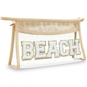 Boho tissés à la Main un Sac de Maquillage, Claire Pochette de Voyage Avec Chenille Lettre Patch, Rotin, Paille Claire Cosmétique Sac Beige Sac de Plage - Neuf