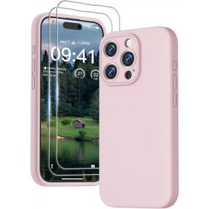 3 En 1 Coque Iphone 15 Pro Max Silicone Liquide - Avec 2 Verre Trempé - Étui Protection Précise De Caméra [Résistant Aux Rayures] [Antidérapant] Iphone 15 Pro Max Case 6.7"", Rose - Neuf