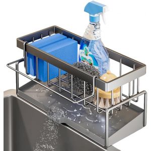 Organisateur D'&eacute;vier,Etag&egrave;re De Vidange D'&eacute;ponge,Porte &Eacute;ponge D'&eacute;vier,Cuisine Porte &Eacute;ponge Avec Bac De Vidange,Pour Super Organisateur Pour &Eacute;vier De Cuisine Et Salle De Bain (Gris) - Neuf