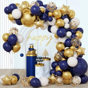 Arche Ballon Bleu Kit, 128 Pi&egrave;ces Navy Bleu Or Blanc Guirlande Ballons Avec M&eacute;tal Confetti Ballon, 18 12 10 5 Pouces Ballon Bleu Profond Pour Anniversaire Graduation Mariage Party D&eacute;coration - Neuf