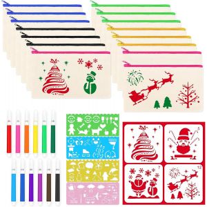 Chenquansarl-Lot De 15 Trousses À Crayons En Tissu À Bricoler, Vierges, Pour Enfants, En Toile, À Peindre, Avec 12 Crayons De Couleur, 8 Pochoirs De Coloriage Pour Les Voyages, Noël, Rangement, 21 X - Neuf