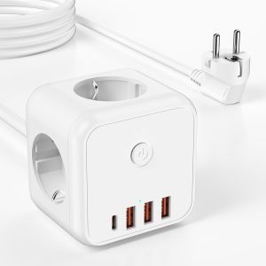 KALANKA-Cube Multiprise 7-en-1 avec Interrupteur, 3 Prises avec 3 USB-A et 1 USB-C, Multiprise Power Cube avec Anneau de Traction, c&acirc;ble de 1,5 m pour la Maison/Le Bureau, Blanc - Neuf