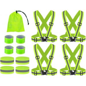 Acdsgd-4pcs Gilet R&eacute;fl&eacute;chissant V&eacute;lo+4pcs Bracelet R&eacute;fl&eacute;chissant R&eacute;glable+4pcs Brassard Reflechissant, Harnais De Reflechissant R&eacute;glable Gilet Avec Sac En Filet, Pour La Course, Le V&eacute;lo, La Moto - Neuf