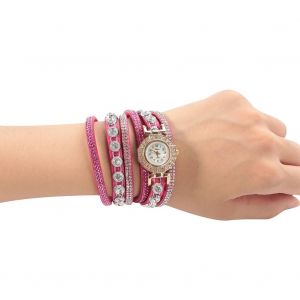 Femmes Dame Quartz Mouvement Strass Pu Bracelet Cadran Rond Montre Montre-Bracelet (Rose Rouge) - Neuf
