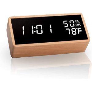 Réveil électronique, réveil numérique en verre avec 3 réglages d'alarme, horloge numérique alimentée par USB avec affichage LED de l'heure, de la température et de l'humidité (blanc) - Neuf
