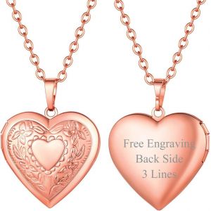 Kal-Collier Porte Photo Femme Pendentif Coeur Avec Motifs Personnalisable Chaîne Plaqué Or 50+5cm/2,5mm Bijoux Tendance Cadeau Anniversaire Noël Fête Des Mère - Neuf