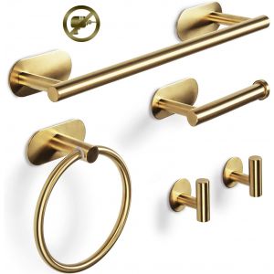 Ulteronixshop-Set porte-serviettes 5 pi&egrave;ces porte-serviettes en papier hygi&eacute;nique anneau 2 crochets de salle de bain auto-adh&eacute;sif en acier inoxydable suspendu au mur, cuisine (or) - Neuf