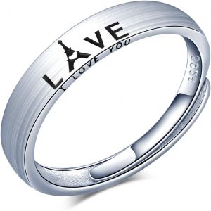Kahfl-Bague De Couple,Alliance Ajustable,Bague Pour Femme Homme,Bague De Mariage En Argent 925,Bague Ouverte R&eacute;glable,Bague Grav&eacute;e Tour Eiffel Et 'love',Bague Pour No&euml;l Et Anniversaire - Neuf