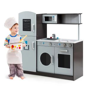 Cuisine enfant lot de 1 avec &eacute;vier cuisini&egrave;re r&eacute;frig&eacute;rateur rangement spacieux moderne en MDF marron Helloshop26 20_0020759 - Neuf