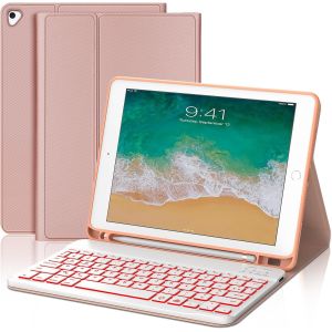 Coque Clavier Pour Ipad 6/5 Eme Generation/Pro 9.7/Air 2/Air 1 9.7"", Étui Keyboard 7 Couleurs Rétroéclairées Azerty Layout Bluetooth Amovible Avec Porte Crayon Pour Ipad 9.7 2018, Rose Rose - Neuf
