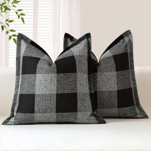 CAUC-Lot de 2 housses de coussin carr&eacute;es d&eacute;coratives &agrave; carreaux de buffle en lin avec bords cousus pour canap&eacute;, lit, salon, 50 x 50 cm (noir et gris) - Neuf