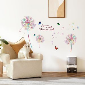 Trahoo-Stickers Muraux Pissenlit Coloré, Amovible Papillon Fleur Sticker Mural Enfants Fille, Pour Chambre À Coucher Salon Chambre De Bébé, Cuisine Fenêtre Porte Décoration Murale - Neuf