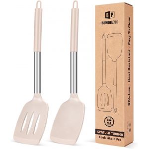 Eryi-Lot De 2 Spatules De Cuisine Solides En Silicone, Anti-Adhésives, Résistantes À La Chaleur, Sans Bpa, Idéales Pour Poissons, ?ufs, Crêpes (Acier Inoxydable Kaki) - Neuf