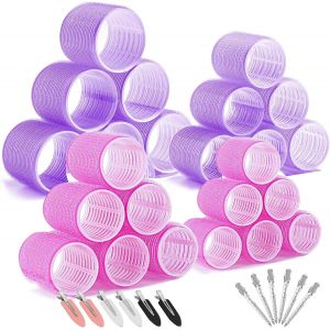 36 X Hair Rollers Set,Self Adhesive Hair Rollers,4 Sizes (64 Mm/44 Mm/36 Mm/25 Mm) With 12 Clips,Heatless Curling For Long,Medium Hair (Pink/Purple) - Neuf