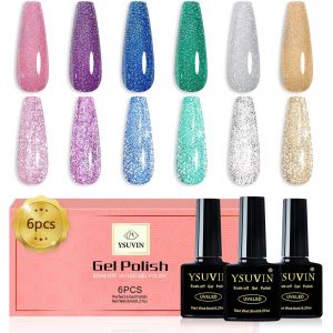 Vernis Semi Permanent Pailleté, 6 Couleurs Blanc Gris Or Rose Violet Bleu Marine Vert Diamant Flash Vernis À Ongles Réfléchissants Varnish Soak Off Uv Manucure Vernis Gel, Beauté Cadeaus - Neuf