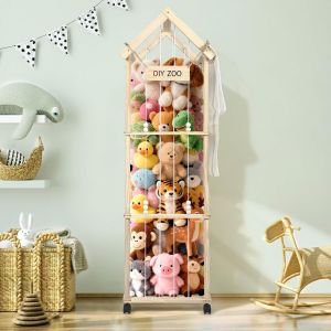 SUBZONAL-Rangement Peluche de Enfant, Range Peluche en Bois Roues, 146 * 42 * 32cm,Meuble Rangement Jouet Enfant pour Chambre d'enfant, Salle de Jeux avec Sac&iquest;avec Toit&iquest; - Neuf