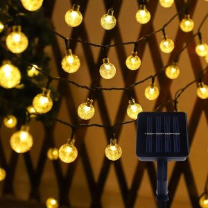 KAL-Guirlande Lumineuse Solaire D'Extérieur - 5 M - 20 Led - En Cristal - Blanc Chaud - 8 Modes - Boules De Cristal - Pour Mariage, Jardin, Balcon, Terrasse, Noël, Fête - Neuf