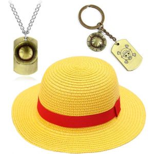 Trahoo-3 Pcs Casquette Pirate En Paille,Porte-Clés Chapeau De Pirate Collier,One P Chapeau De Paille,Chapeau De Soleil,Casquette Pirate En Paille,Porte-Clés Pirates,Pour Cosplay Anime Manga - Neuf