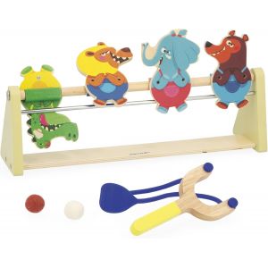 Chenquansarl-Stand De Tir Enfant En Bois - Jeu De Cible - 4 Personnages - 1 Lanceur - 2 Balles Feutrine - Développe La Précision Et La Concentration - Jouet En Bois Fsc- Dès 5 Ans - J03372 - Neuf