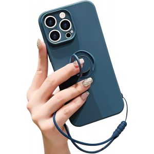 Kal-Coque Pour Iphone 14 Pro Max En Silicone Liquide Avec Anneau De Support,Support Magnétique De Voiture,Dragonne Amovible,Résistante Aux Chocs,Coque De Protection-Bleu - Neuf