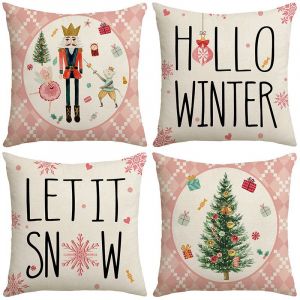 Lot de 4 housses de coussin de Noël 45 x 45 cm, motif sapin de Noël rose, taie d'oreiller carrée, protection de coussin pour canapé, décoration d'intérieur - Neuf