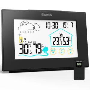 Station M&eacute;t&eacute;o,5u201dLED Capteur Large Thermom&egrave;tre Hygrom&egrave;tre Num&eacute;riques,Alarme Horloge, sans Fil Int&eacute;rieur Ext&eacute;rieur avec Fonction Snooze Affichage Heure Date Jour-Noir - Neuf