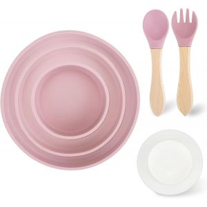 Kal-3 Pack Assiette Bebe, D&eacute;tachable Assiette Ventouse Pour B&eacute;b&eacute;, Vaisselle Bebe Silicone Avec Cuillere & Fourchette, Bol Bebe Micro Onde, Assiettes Enfants Pour Sevrage, Sans Bpa (Rose) - Neuf