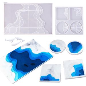 5 Pcs Moules En Silicone Pour R&eacute;sine Grand Plateau, Moule Resine Epoxy Silicone Oc&eacute;an Coaster Mold Et Mini 3d Moule Remplisseur De R&eacute;sine Pour D&eacute;coration D'int&eacute;rieur Artisanale - Neuf