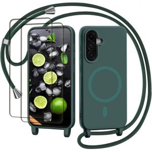 TRAHOO-Coque avec Cordon pour Samsung Galaxy A15 5G/A15 4G, Coque Magn&eacute;tique de Cellulaire Corde Silicone &Eacute;tui avec 2 Verre Tremp&eacute; avec R&eacute;glable Collier T&eacute;l&eacute;phone Cha&icirc;ne Housse Case pour A15, Vert - Neuf