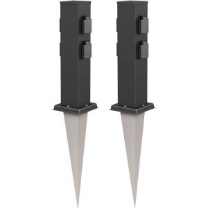 Polly 2 X Garden Socket Column With Ground Spike For Outdoor, Ip44, 4-Time, Stainless Steel, Square, Black, 40 Cm - Neuf