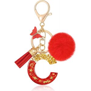 Loc-Initiale Letter Keychains Porte Cl&eacute; Lettre,Alphabet Initial Keyring Avec Papillon Pompon Pendentif,Rouge Feuille D'Or Key Ring Pour Femmes Portefeuilles Sac &Agrave; Main Bagages Charme - Neuf
