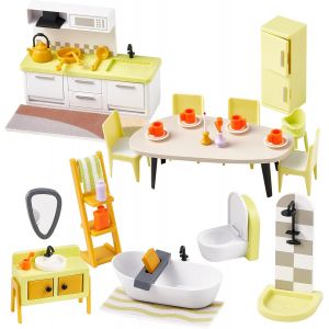 KALANKA-Kit de Meubles de Maison de poupée en Bois - Set 37 pièces : Cuisine & Salle de Bain (Bois/Plastique), Jouet pour Enfants - Multicolore (Multicolore) - Neuf