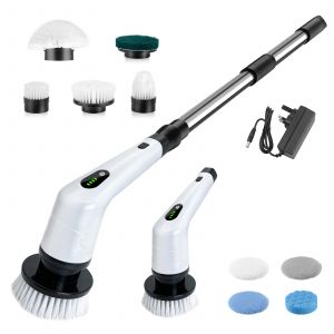 8-IN-1 Portable &Eacute;lectrique Spin Scrubber, Brosse de nettoyage sans fil avec poign&eacute;e longue, t&ecirc;tes de brosse de remplacement pour salle de bain Cuisine Car Floor - Blanc - Neuf